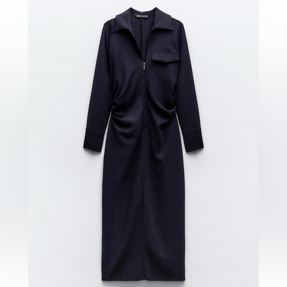 Zara Black Long Sleeve Shirt Dress with Front Slit - Picture 2 of 7